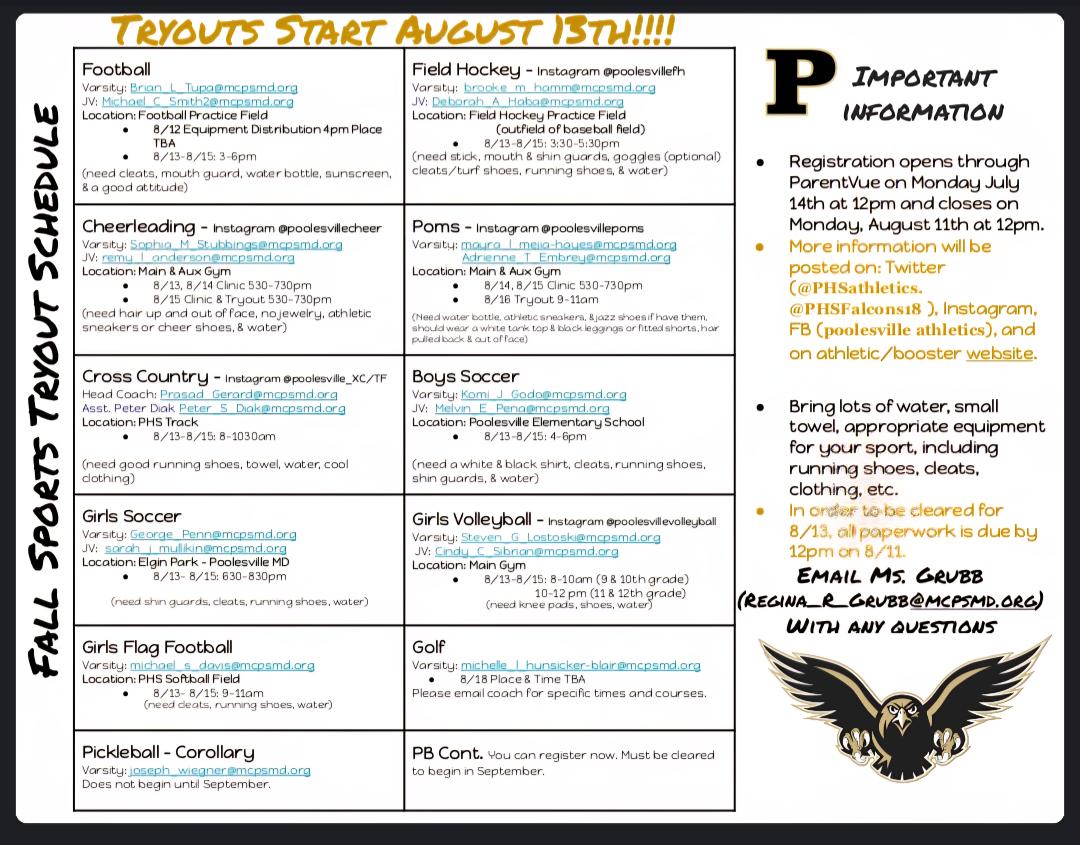 Poolesville AD (@phsfalcons18) on Twitter photo Hello Falcon Family! Fall Athletic Registration opens on July 14th at noon. See below the times and places for the first day of tryouts/practices.
<a href="/MrCarothersPHS/">Mark A. Carothers</a> <a href="/PHSathletics/">PHS Athletics</a> Hello Falcon Family! Fall Athletic Registration opens on July 14th at noon. See below the times and places for the first day of tryouts/practices.
<a href="/MrCarothersPHS/">Mark A. Carothers</a> <a href="/PHSathletics/">PHS Athletics</a>