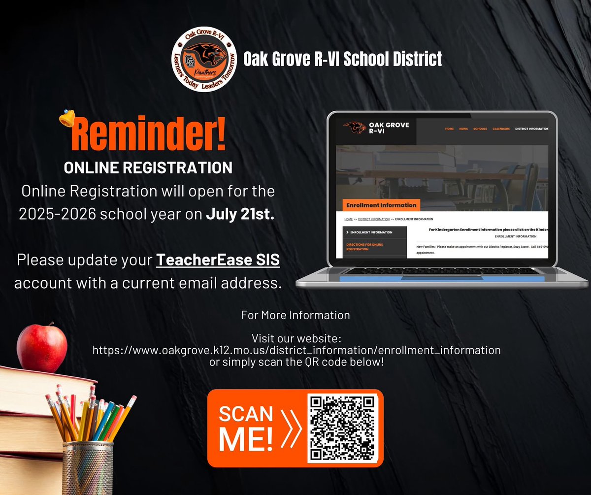 Online Registration for the 2025–2026 school year will open on Monday, July 21! Visit our website for detailed information: oakgrove.k12.mo.us/district_infor… #ogr6