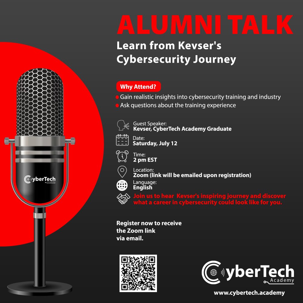 cybertechacad's tweet image. Join us to hear Kevser’s inspiring journey and discover what a career in cybersecurity could look like for you.

🗣 Speaker: Kevser, CyberTech Academy Graduate
🗓 Date: Saturday, July 12
🕑Time: 2 pm EST
🔗 Registration: us02web.zoom.us/webinar/regist…

Register to receive the Zoom link.