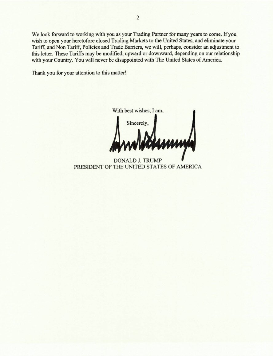 US President Trump sent out letters to countries threatening to impose tariffs on Aug 1, with Thailand to be hit with 36% as first formal talks were held last week. 

Bizarrely, the letters were addressed to Mr. Suriya, who’s *NOT* the acting PM since Thu, and also to the King.