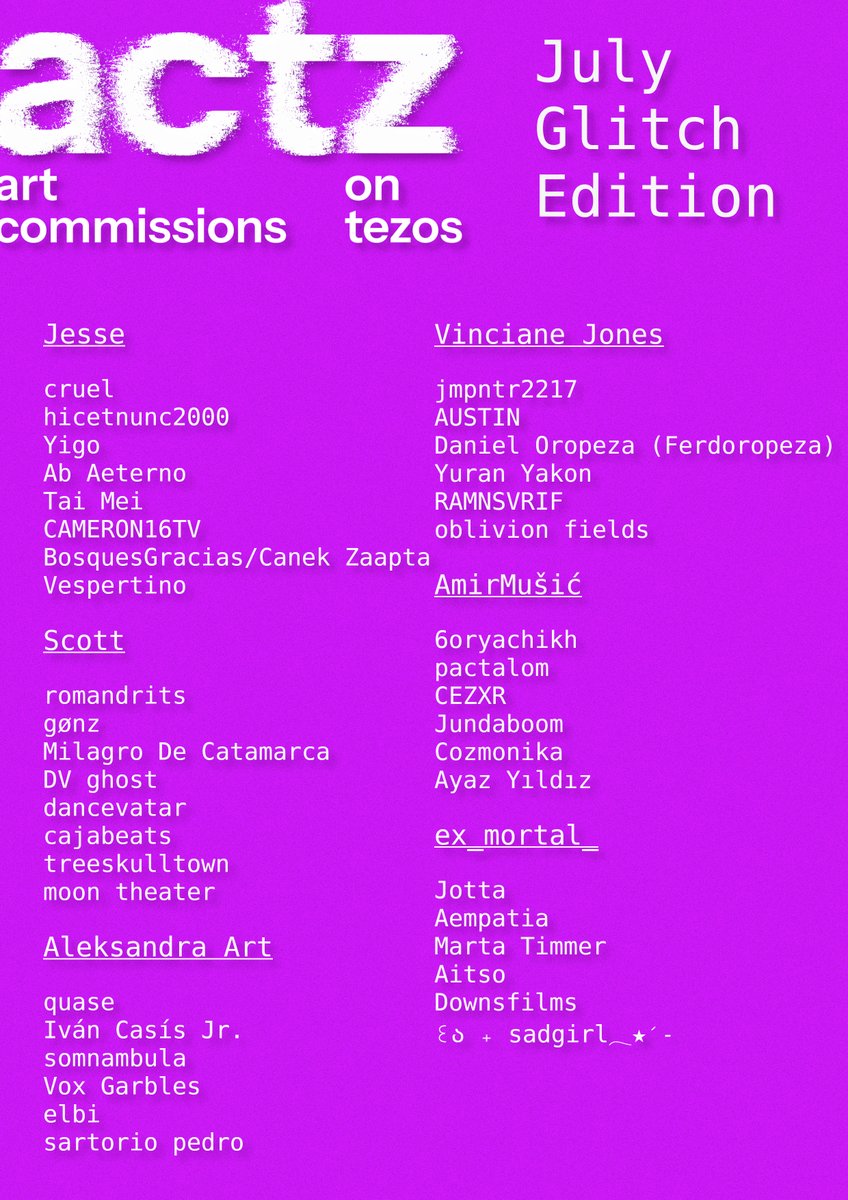 Gm

The curators for July have made their selections! 

Congrats to the artists, if you are on the list below your curator will be in touch with you in due time.

Thanks once again to everyone who applied, this was a hard one!