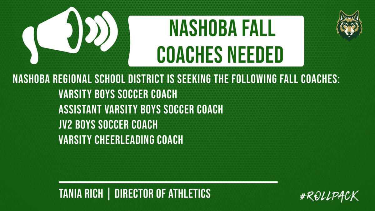 Nashoba Regional HS is seeking fall coaches… 
Please contact AD Tania Rich if interested.