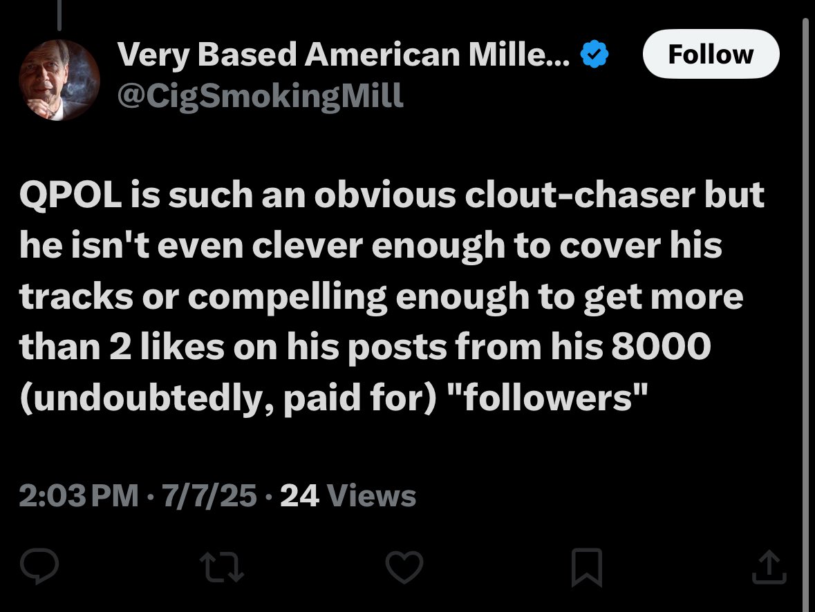 I didn’t know there’s a term for publicly sharing your opinion. What is this “clout” that you speak of? Is it worth chasing? U speak as if u don’t have any, but it’s desired by many. Curious. I kinda want some now. Also I don’t buy my followers but I’ll gladly accept your offer.