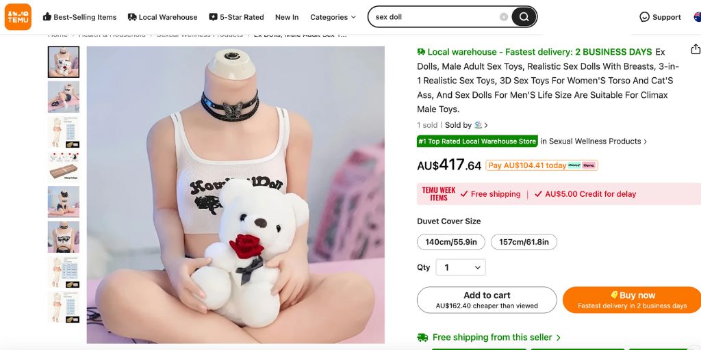 Temu are committed to maintaining an "inclusive and respectful environment for all customers", yet also apparently committed to selling replica little girls for men to practice raping 
<a href="/shoptemu/">Temu</a>