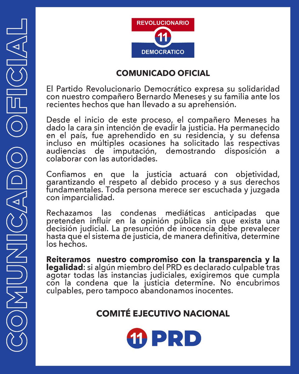 COMUNICADO OFICIAL

La presunción de inocencia debe prevalecer hasta que el sistema de justicia, determine los hechos. 

Reiteramos nuestro compromiso con la transparencia y la legalidad: si algún miembro del PRD es declarado culpable tras agotar todas las instancias judiciales,