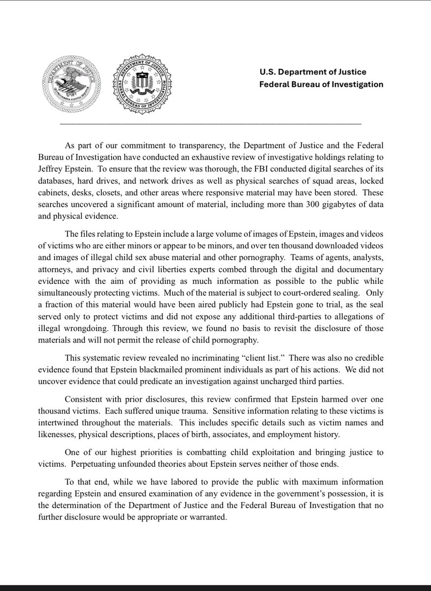 LailaMickelwait's tweet image. The unsigned, undated Epstein memo is on the DOJ website, but it’s hard to believe it’s real. The memo says there are over “300 gigabytes of data”, a “large volume” of images and videos of Epstein and his victims, and “over ten thousand” files of filmed child abuse and other…