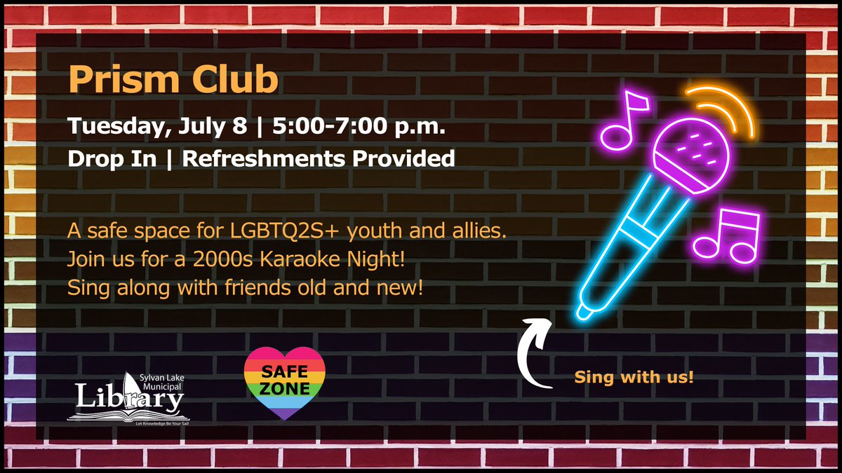 Our Prism Club is rocking out tomorrow night with a blast from the past! Join us at 5:00 p.m. for a 2000s Karaoke Night! 

Sing along with friends old and new. Free, no registration required. 

For ages 13+ 

#SylvanLake #PrismClub #KaraokeNight