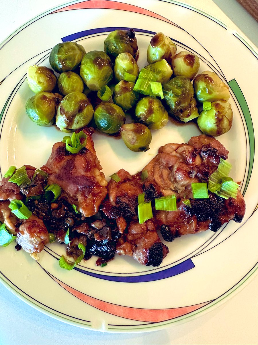 Pan grilled chicken thighs braised in soy sauce, ginger, garlic, &amp; green onions. Served with jasmine rice and roasted Brussels sprouts. This was quite tasty, I love the simple yet flavorful marinade. 

#twittersupperclub
