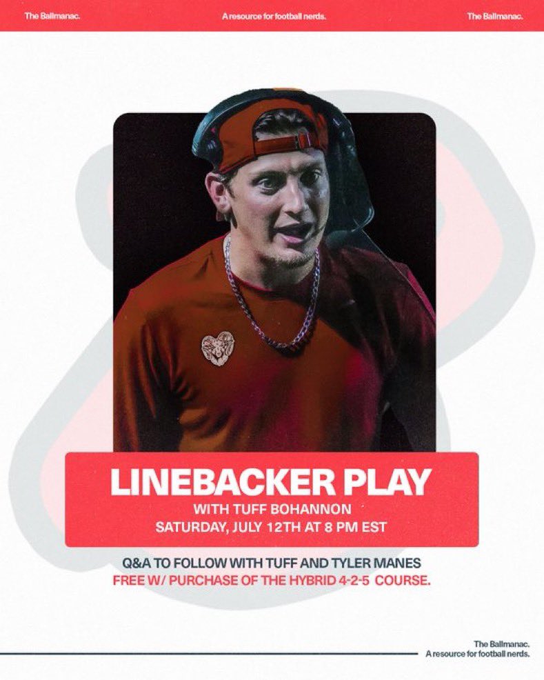 The Ballmanac (@the_ballmanac) on Twitter photo Reminder ‼️‼️‼️Zoom webinar Saturday at 8PM EST for anyone who purchased the Hybrid 4-2-5 Course. <a href="/Coach_Bohannon_/">Tuff Bohannon</a> will be talking LB play inside the system.
DM for link invite, invite will also be emailed, and webinar will be added to the course. Reminder ‼️‼️‼️Zoom webinar Saturday at 8PM EST for anyone who purchased the Hybrid 4-2-5 Course. <a href="/Coach_Bohannon_/">Tuff Bohannon</a> will be talking LB play inside the system.
DM for link invite, invite will also be emailed, and webinar will be added to the course.
