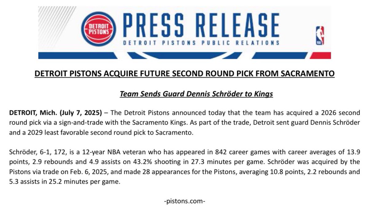 Pistons_PR's tweet image. The @DetroitPistons announced today that the team has acquired a 2026 second round pick via a sign-and-trade with the Sacramento Kings.