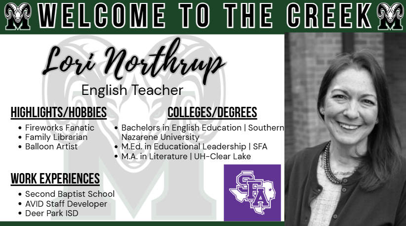MCHSAntonelli's tweet photo. The English Department at Mayde Creek High School is thrilled to welcome another incredible addition to our team: Lori Northrup! An awesome educator with a passion for student success, she’s going to do amazing things for our Rams! #RPND @MCHS_Rams @LHerring_MCHS @ChadAOnhaizer https://t.co/szHtw42Eq7
