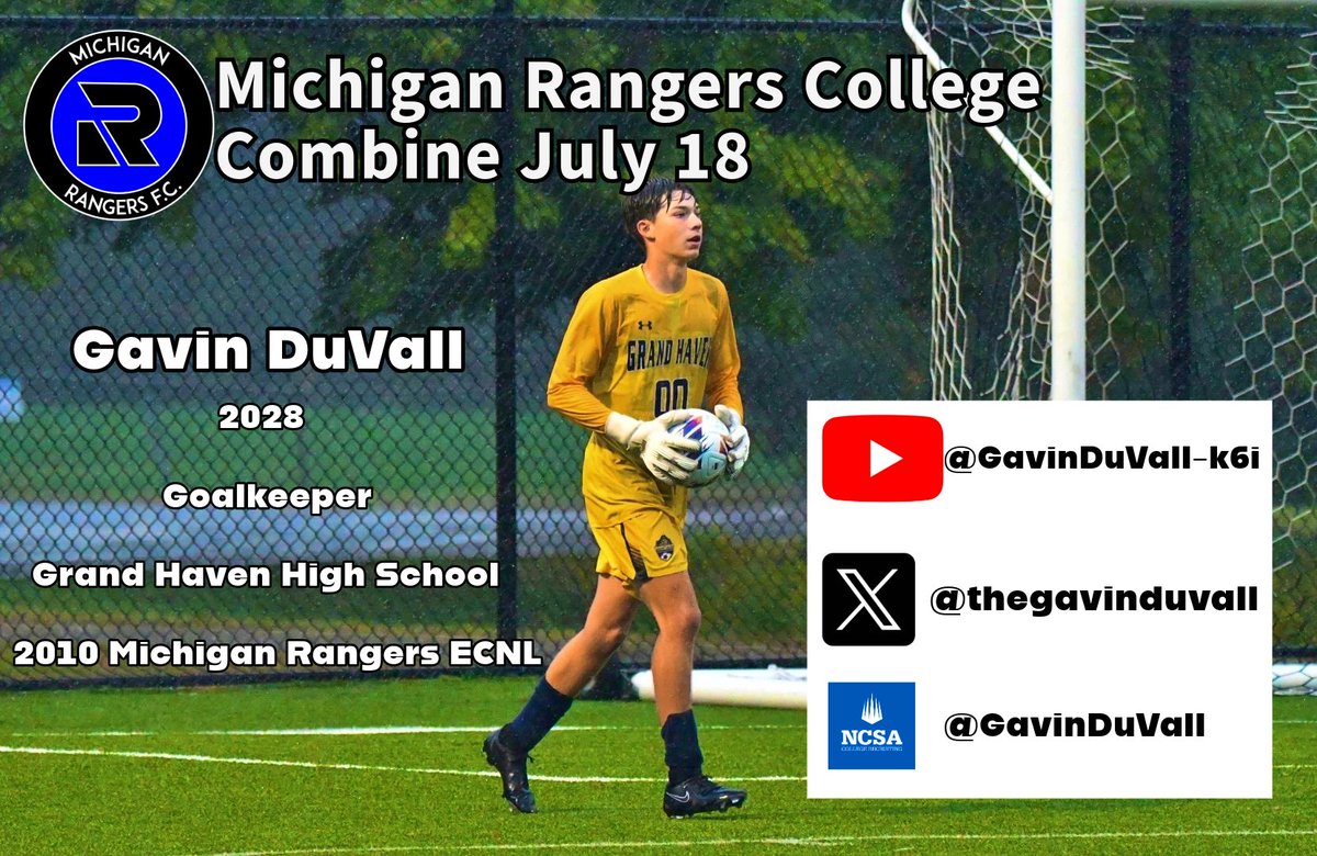 Gavin DuVall (@thegavinduvall) on Twitter photo Upcoming College Combine‼️⚽️
July 18
Links : linktr.ee/GavinDuVall01
<a href="/wearesoccer_mi/">We Are Soccer Michigan</a> <a href="/MIRangersFC/">Michigan Rangers FC</a> <a href="/PrepSoccer/">Prep Soccer ⚽️</a> <a href="/UDMSoccer/">Detroit Mercy Men’s Soccer</a> <a href="/OaklandMSOC/">Oakland Men’s Soccer</a> <a href="/DU_MSOC/">Davenport Men's Soccer</a> <a href="/ImCollegeSoccer/">College Soccer Truth ™</a> <a href="/INTechMSoccer/">Indiana Tech Men's Soccer</a> <a href="/MastodonMSoccer/">Purdue Fort Wayne MSOC</a> Upcoming College Combine‼️⚽️
July 18
Links : linktr.ee/GavinDuVall01
<a href="/wearesoccer_mi/">We Are Soccer Michigan</a> <a href="/MIRangersFC/">Michigan Rangers FC</a> <a href="/PrepSoccer/">Prep Soccer ⚽️</a> <a href="/UDMSoccer/">Detroit Mercy Men’s Soccer</a> <a href="/OaklandMSOC/">Oakland Men’s Soccer</a> <a href="/DU_MSOC/">Davenport Men's Soccer</a> <a href="/ImCollegeSoccer/">College Soccer Truth ™</a> <a href="/INTechMSoccer/">Indiana Tech Men's Soccer</a> <a href="/MastodonMSoccer/">Purdue Fort Wayne MSOC</a>