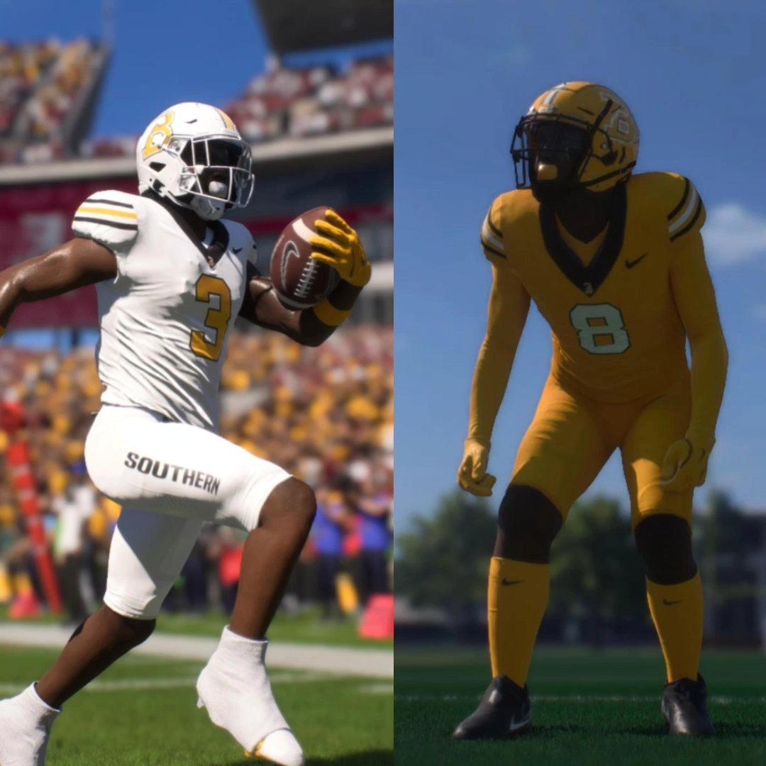 ClayYoungbloodd's tweet photo. The Birmingham-Southern Teambuilder is now available in College Football 26! 

This year, I added the original unis from the 2000s, making it possible to recreate the look of any era of BSC football.

I also added gold and white helmets for fun. https://t.co/Yy4E9GqsPl