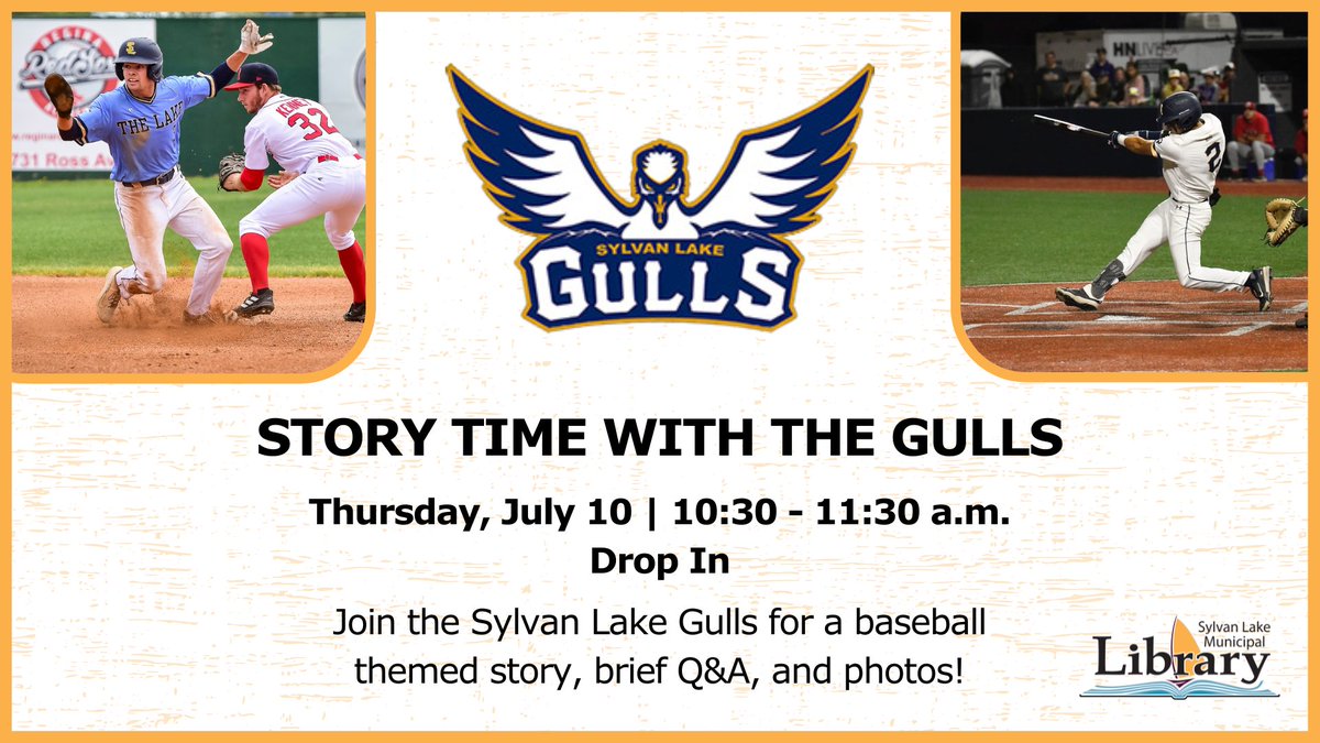 We're so excited to host the <a href="/SylvanLakegulls/">Sylvan Lake Gulls</a> this Thursday at the Library!

Drop in at 10:30 a.m. for baseball stories with the players and coaches, and meet Sully the Gully! Photos and a Q&amp;A to follow.

We hope to see you there!

#SylvanLake #SylvanLakeGulls #SylvanLakeLibrary
