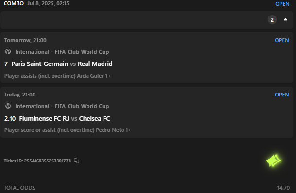 Many of you were waiting for it, here is my next bet on <a href="/doubleup_app/">DoubleUp</a>  for this semi-final of the World Club Championship with explanations:

Fluminense - Chelsea : On one side, Fluminense, who have held their own in their matches with a solid defense, face a Chelsea side that