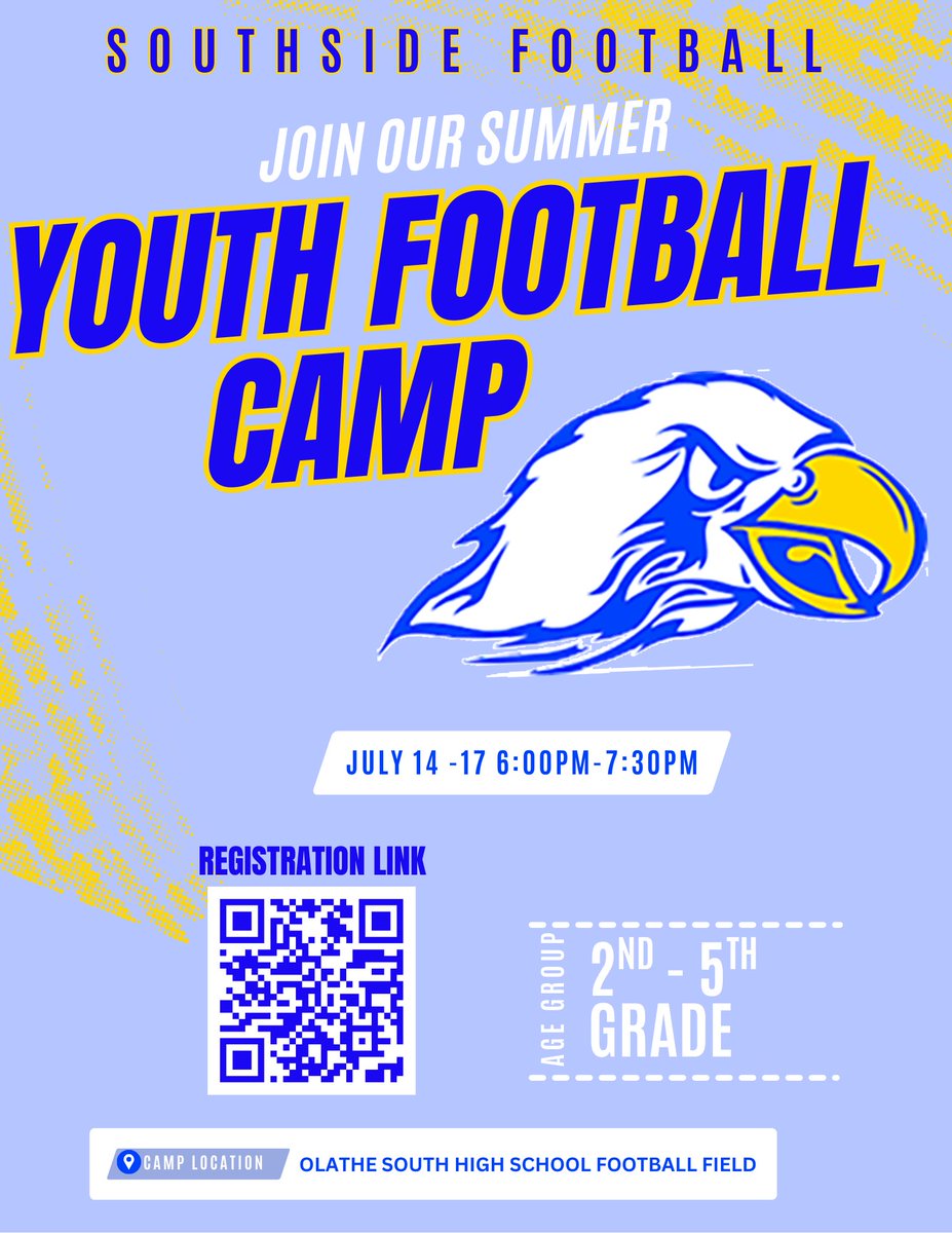 🚨 Just 1 week away from the Future Falcon Youth Camp! 🏈
Calling all incoming 2nd–5th graders — join us July 14–17 (6pm-7:30pm) for four days of football, fun, and fundamentals!

🔥 Learn. Compete. Grow.
