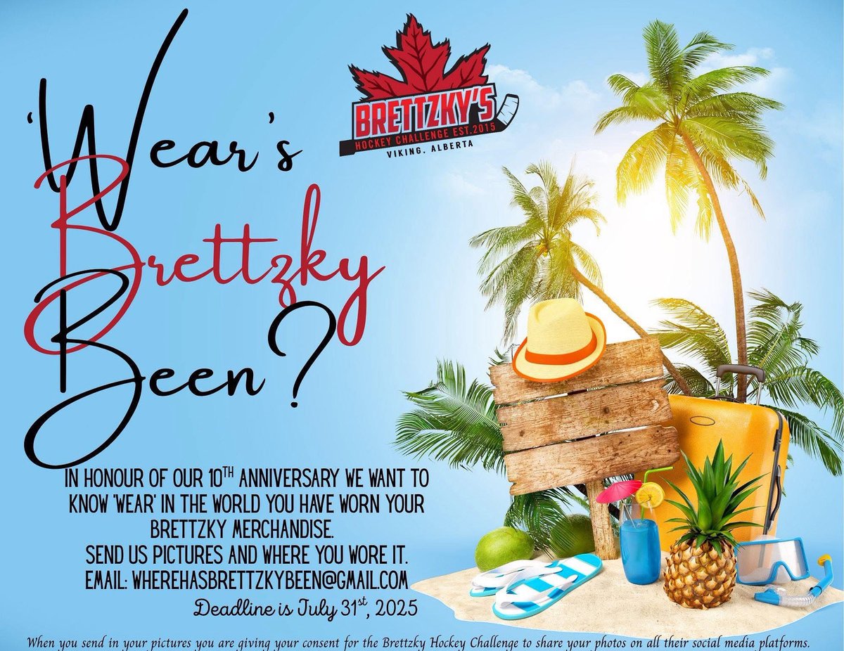 Brettzky’s Hockey Challenge (@brettzkyhockey) on Twitter photo In honour of our 10th anniversary we want to know how far Brettzky merch has travelled! Email us a pic of “wear” you’ve repped Brettzky to wherehasbrettzkybeen@gmail.com 🌴✈️🏔️🎢 In honour of our 10th anniversary we want to know how far Brettzky merch has travelled! Email us a pic of “wear” you’ve repped Brettzky to wherehasbrettzkybeen@gmail.com 🌴✈️🏔️🎢