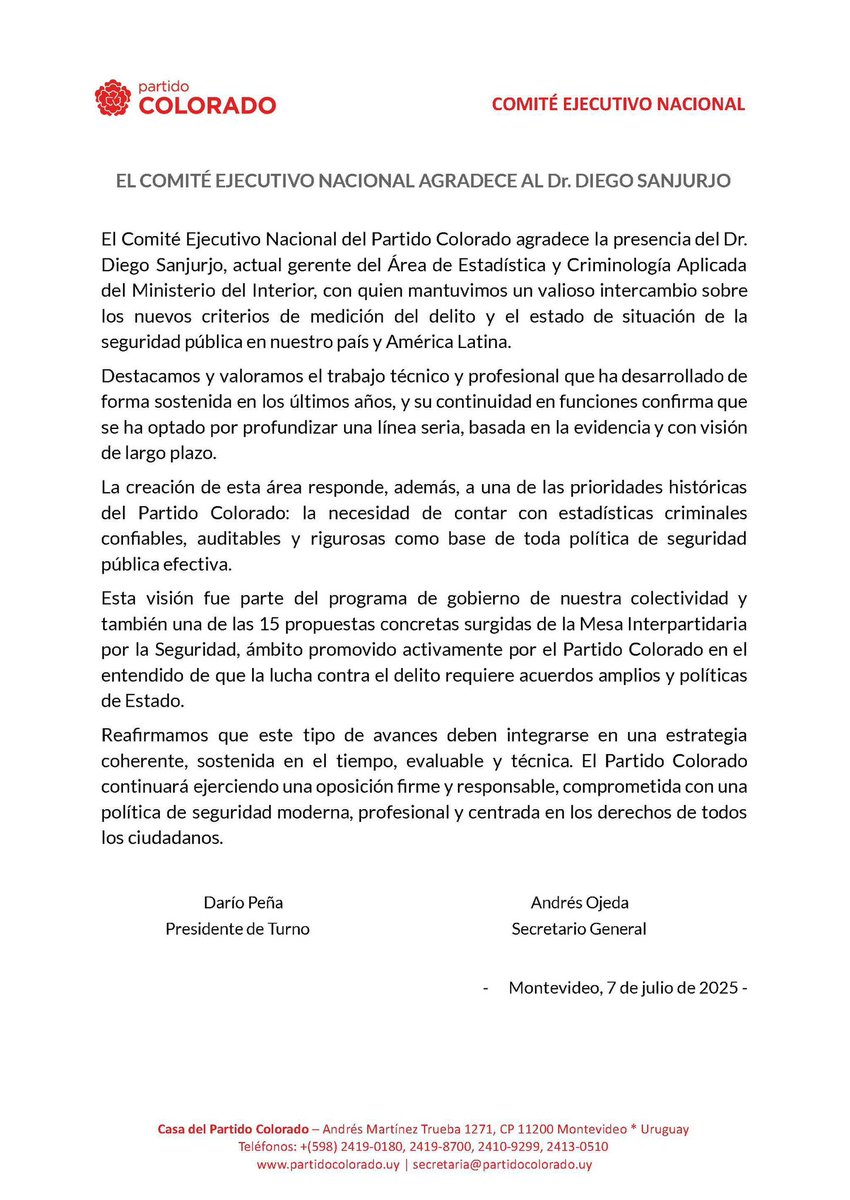 PartidoColorado's tweet image. Desde el Partido Colorado  destacamos y valoramos el trabajo técnico y profesional del Dr. Diego Sanjurjo en el Ministerio del Interior.
Su continuidad confirma una apuesta por una política seria, basada en evidencia y con visión de largo plazo.

#PartidoColorado #Seguridad