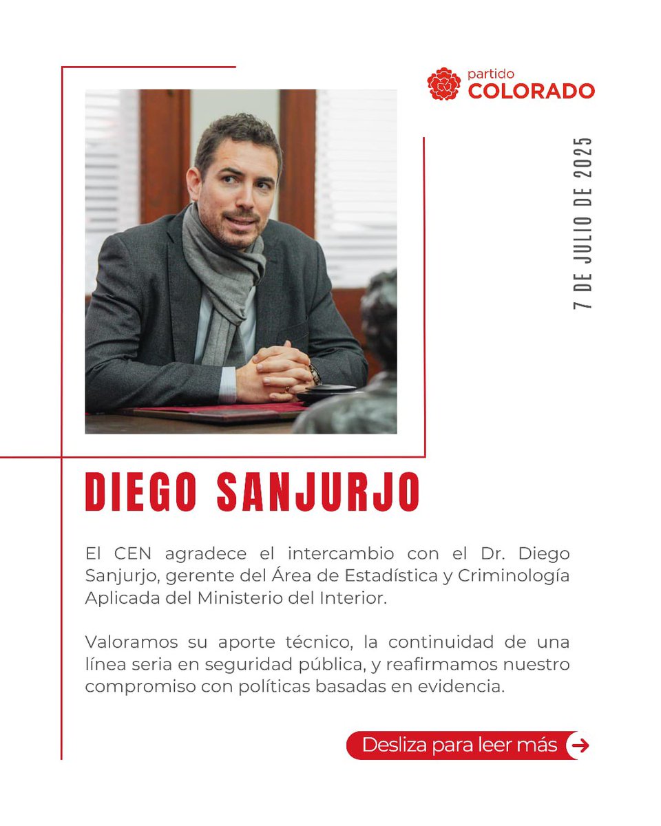 PartidoColorado's tweet image. Desde el Partido Colorado  destacamos y valoramos el trabajo técnico y profesional del Dr. Diego Sanjurjo en el Ministerio del Interior.
Su continuidad confirma una apuesta por una política seria, basada en evidencia y con visión de largo plazo.

#PartidoColorado #Seguridad