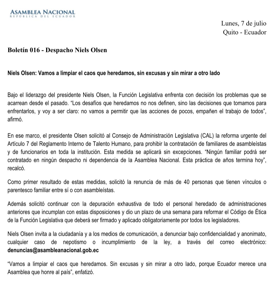 El presidente de la Asamblea Nacional, Niels Olsen, solicitó la renuncia de 40 personas que tendrían vínculos familiares con asambleístas. 👇🏽