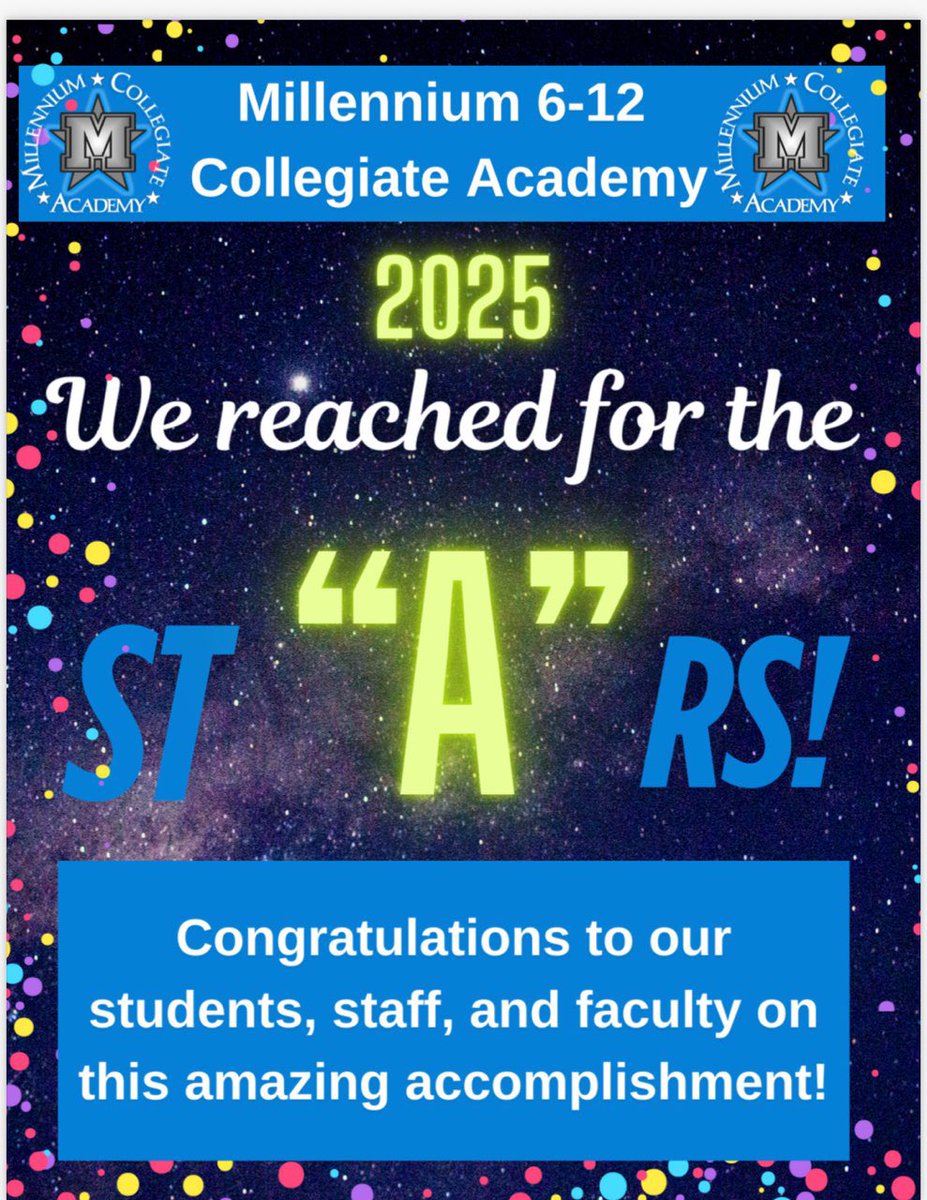 Principal Harrigan (@drgharrigan) on Twitter photo π <a href="/M6_12Collegiate/">Millennium 6-12 Collegiate Academy</a> is an A School! π
This achievement reflects the hard work, dedication & commitment of our students, teachers & staff.
We are A-rated, No. 1 High School in the south FL area & No. 2 High School in the State of FL
This is Where Greatness Grows!π
#StarsNation π <a href="/M6_12Collegiate/">Millennium 6-12 Collegiate Academy</a> is an A School! π
This achievement reflects the hard work, dedication & commitment of our students, teachers & staff.
We are A-rated, No. 1 High School in the south FL area & No. 2 High School in the State of FL
This is Where Greatness Grows!π
#StarsNation