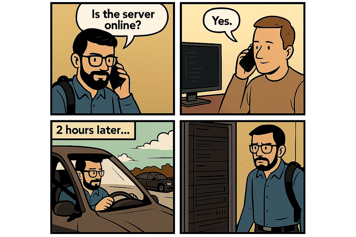 NetEngSam's tweet image. Pro tip: A 30-second video call can save you a 2-hour drive. Always verify what is online.

#MemeMonday #NetEngSam #NetworkEngineer #ITLife #RemoteWork #TechTips #OnSiteVisit #CommunicationMatters