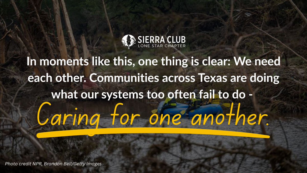 TexasSierraClub's tweet image. Dozens of lives lost. Entire communities gone.
Our hearts break for every Texan grieving after this weekend’s catastrophic floods.
This is not the time for politics. It’s a time for compassion, unity, and action.
Read our full statement: bit.ly/4kwFeEz