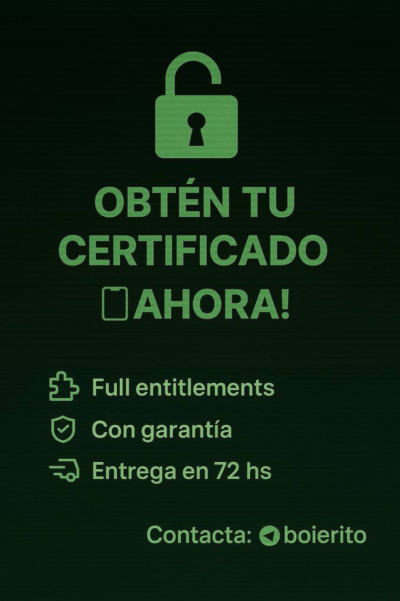LBoiero's tweet image. 📱🚫 ¿Seguís peleando con la blacklist?

No pelees más: obtené tu certificado ✅

🔓 Apps ilimitadas  
📅 Máximo 1 año  
🛠 Full entitlements  
🛡 Con garantía  
🚀 Entrega en 72 hs / inmediata

Contactá 👉 t.me/+K8PF_TV_nHQxZ…

#esign #feather #scarlet #ksign #gbox