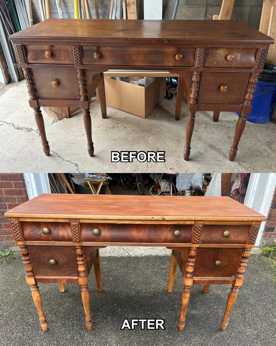 I refurbished a console table✨

✅ sanded e v e r y t h i n g
✅ 1 coat boiled linseed oil
✅ 3 coats of polyurethane 
✅ swapped wood knobs for brass

Hours and hours of work, especially sanding the ornate details and spindle legs. 

I love how it came out!
