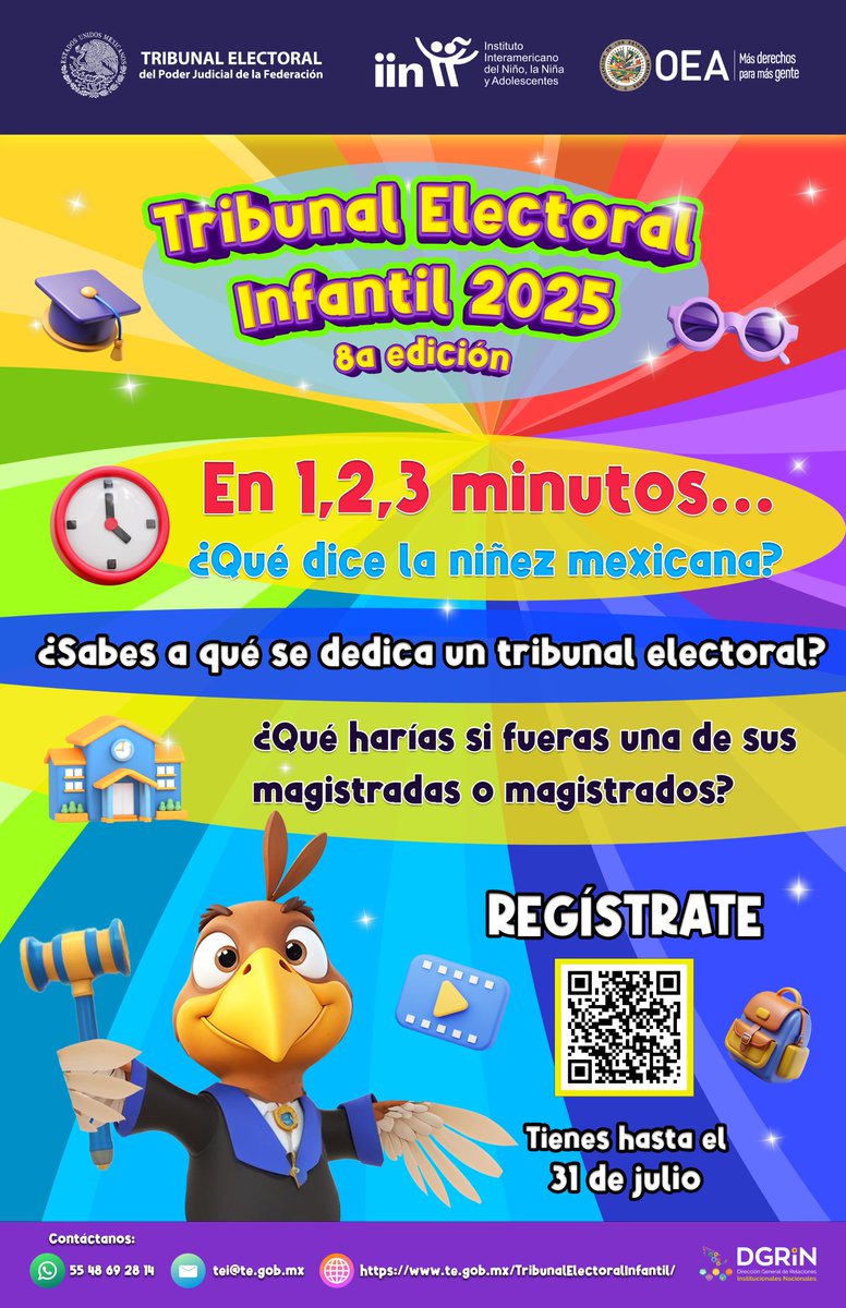 🔔¡Participa en el Tribunal Electoral Infantil 2025!

👧🧒Si tienes entre 9 y 12 años, el #TEPJF y el <a href="/IINOEA/">IIN-OEA</a> te invitan a registrarte.

👩‍⚖️👨‍⚖️Podrás ser magistrada o magistrado electoral infantil por un día.

👉Conoce toda la información en el enlace: te.gob.mx/TribunalElecto…