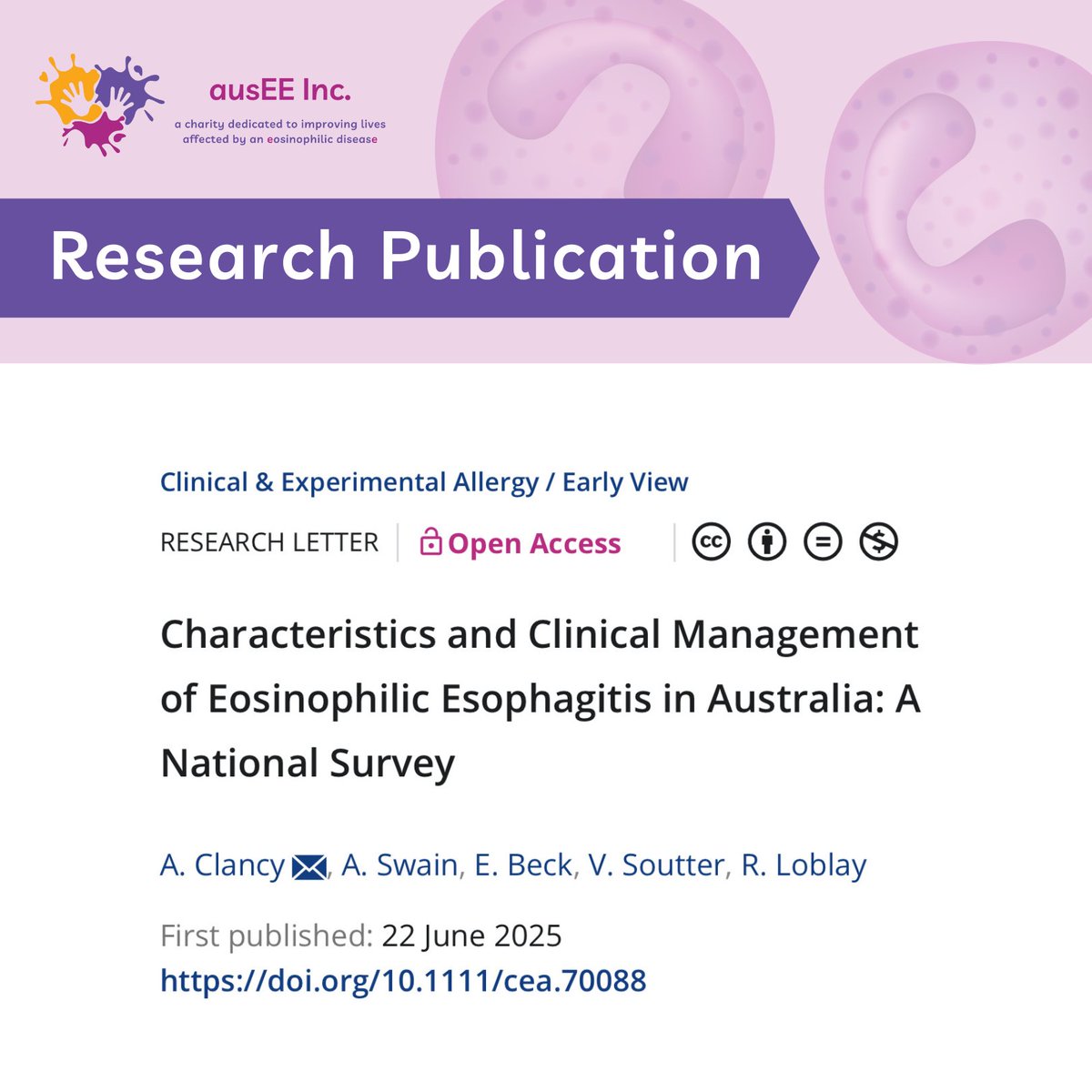 This research letter ‘Characteristics and Clinical Management of Eosinophilic Esophagitis in Australia: A National Survey’ shares findings from research that ausEE members participated in. This study aimed to explore symptoms, conditions and experiences: onlinelibrary.wiley.com/doi/10.1111/ce…