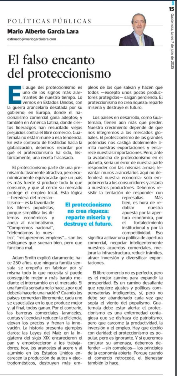 El proteccionismo es una receta fracasada que, disfrazada de patriotismo, reparte miseria y daña el futuro.
Mi columna de hoy en Prensa Libre defiende el libre comercio como camino al desarrollo.
 📌Leela aquí: mariogarcialara.com/columnas/el-fa…
#LibreComercio #EconomíaAbierta