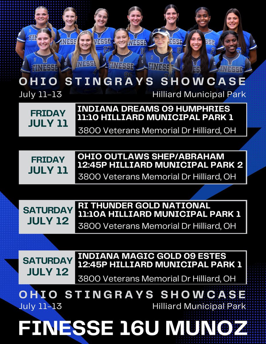 Finesse 16U- Munoz (@finesse2026) on Twitter photo Up Next- Ohio Stingrays Showcase Friday, July 11-13th!
Follow on Tourney Machine for bracket updates on Sunday- 16u Power Pool E
π Hilliard Municipal Park
3800 Veterans Memorial Dr. Hilliard, OH
<a href="/FinesseOrg/">Finesse Fastpitch</a> <a href="/OHStingraysShow/">Ohio Stingrays Showcase</a> <a href="/ShowcaseSheer/">Select-Showcases</a> Up Next- Ohio Stingrays Showcase Friday, July 11-13th!
Follow on Tourney Machine for bracket updates on Sunday- 16u Power Pool E
π Hilliard Municipal Park
3800 Veterans Memorial Dr. Hilliard, OH
<a href="/FinesseOrg/">Finesse Fastpitch</a> <a href="/OHStingraysShow/">Ohio Stingrays Showcase</a> <a href="/ShowcaseSheer/">Select-Showcases</a>