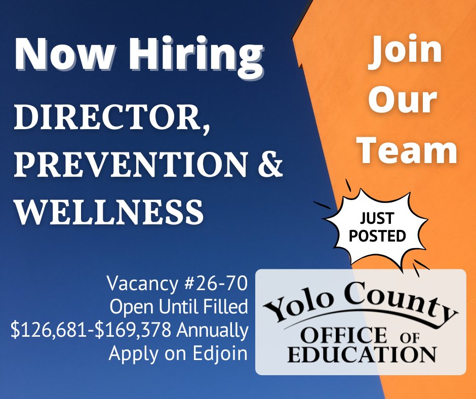 Join the YCOE team! We are hiring a Director of Prevention and Wellness in our Educational Services division in Woodland. The position is paid $126,681-$169,378 annually. The position is open until filled.

🔗Apply on Edjoin.org: t.ly/g883h