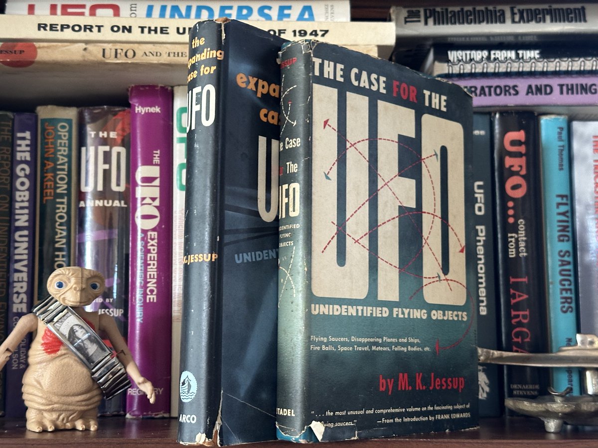 ShipsSmall's tweet image. These UFO volumes from Morris K. Jessup are kinda special. They belonged to a 1950s contactee. The inside of the front cover has an inscription from Jessup to the other fella. It was rare for Jessup to sign books, for several reasons. One reason being that he was only alive for a…