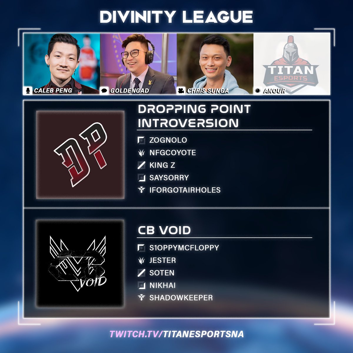 Welcome back from the break with bangers incoming! Dropping Point Introversion has had rest after their final loss, but CB Void is reaching for group b's 1st seed! Will DPI's break do them well, or will CBV find exactly what they're searching for?

See now at 5 PM PST / 8 PM EST!