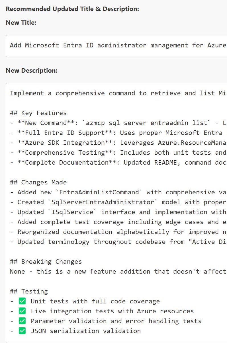 jongallant's tweet image. Here's a good use case for the #GitHub MCP Server
Generate good PR titles and descriptions based on all files changed in the PR
GitHub MCP Server Code: github.com/github/github-…
Easy VS Code Install: code.visualstudio.com/mcp
#ai #dev #mcp