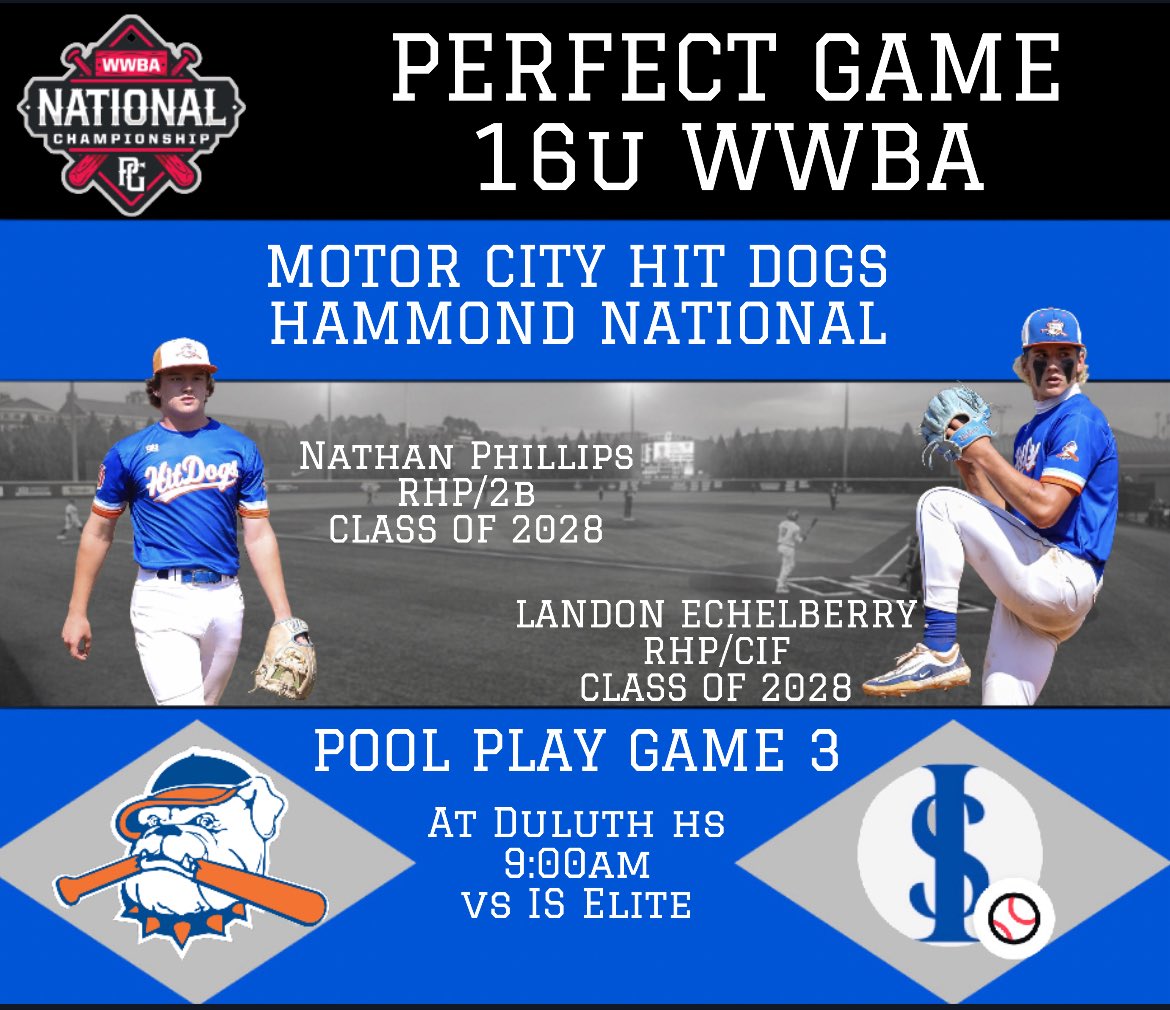 Motor City Hit Dogs Hammond (@hitdogshammond) on Twitter photo Game 3️⃣ tomorrow morning 9am at Duluth HS. <a href="/L_Echelberry5/">Landon Echelberry</a> on the bump. <a href="/baseballcrazy00/">Tony Leonard</a> <a href="/ZWeatherford55/">Zach Weatherford</a> <a href="/CoachErikBakich/">Erik Bakich</a> <a href="/CoachSimmons4/">Derek Simmons</a> <a href="/J_Gar12/">Jacob Garcia</a> <a href="/CoachRo1Coleman/">Ro Coleman</a> <a href="/TerpsBaseball/">Maryland Baseball</a> <a href="/coachchris14/">Chris Pollard</a> <a href="/CoachMoose31/">Corey Muscara “Moose”</a> <a href="/PG_Scouting/">Perfect Game Scout</a> Game 3️⃣ tomorrow morning 9am at Duluth HS. <a href="/L_Echelberry5/">Landon Echelberry</a> on the bump. <a href="/baseballcrazy00/">Tony Leonard</a> <a href="/ZWeatherford55/">Zach Weatherford</a> <a href="/CoachErikBakich/">Erik Bakich</a> <a href="/CoachSimmons4/">Derek Simmons</a> <a href="/J_Gar12/">Jacob Garcia</a> <a href="/CoachRo1Coleman/">Ro Coleman</a> <a href="/TerpsBaseball/">Maryland Baseball</a> <a href="/coachchris14/">Chris Pollard</a> <a href="/CoachMoose31/">Corey Muscara “Moose”</a> <a href="/PG_Scouting/">Perfect Game Scout</a>