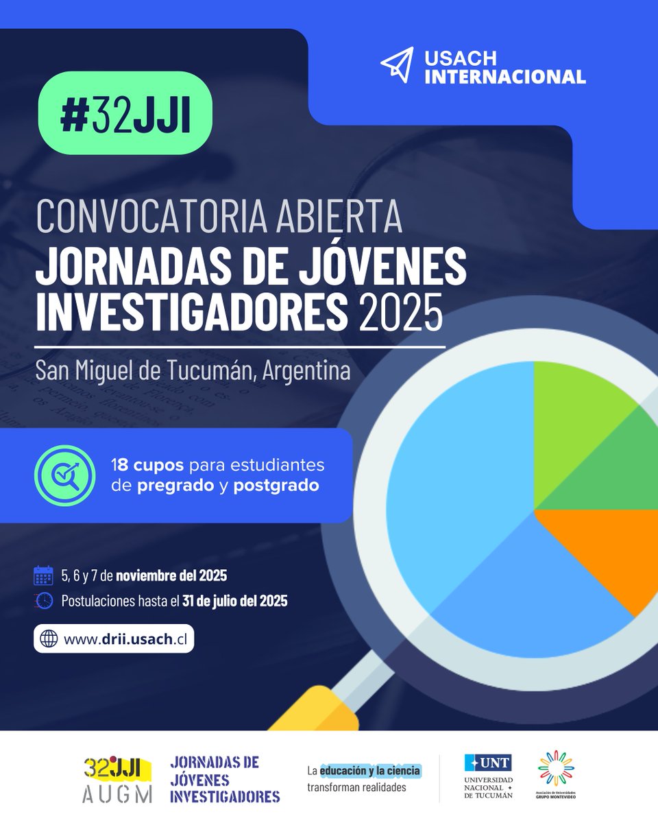 Invitamos a estudiantes de pre y postgrado con investigaciones que hayan terminado durante sus estudios en la #Usach (o que al menos cuenten con resultados parciales) a postular a las 32° Jornadas de Jóvenes Investigadores de #AUGM. 🇦🇷 

ℹ️ lnkd.in/dQn84hQV