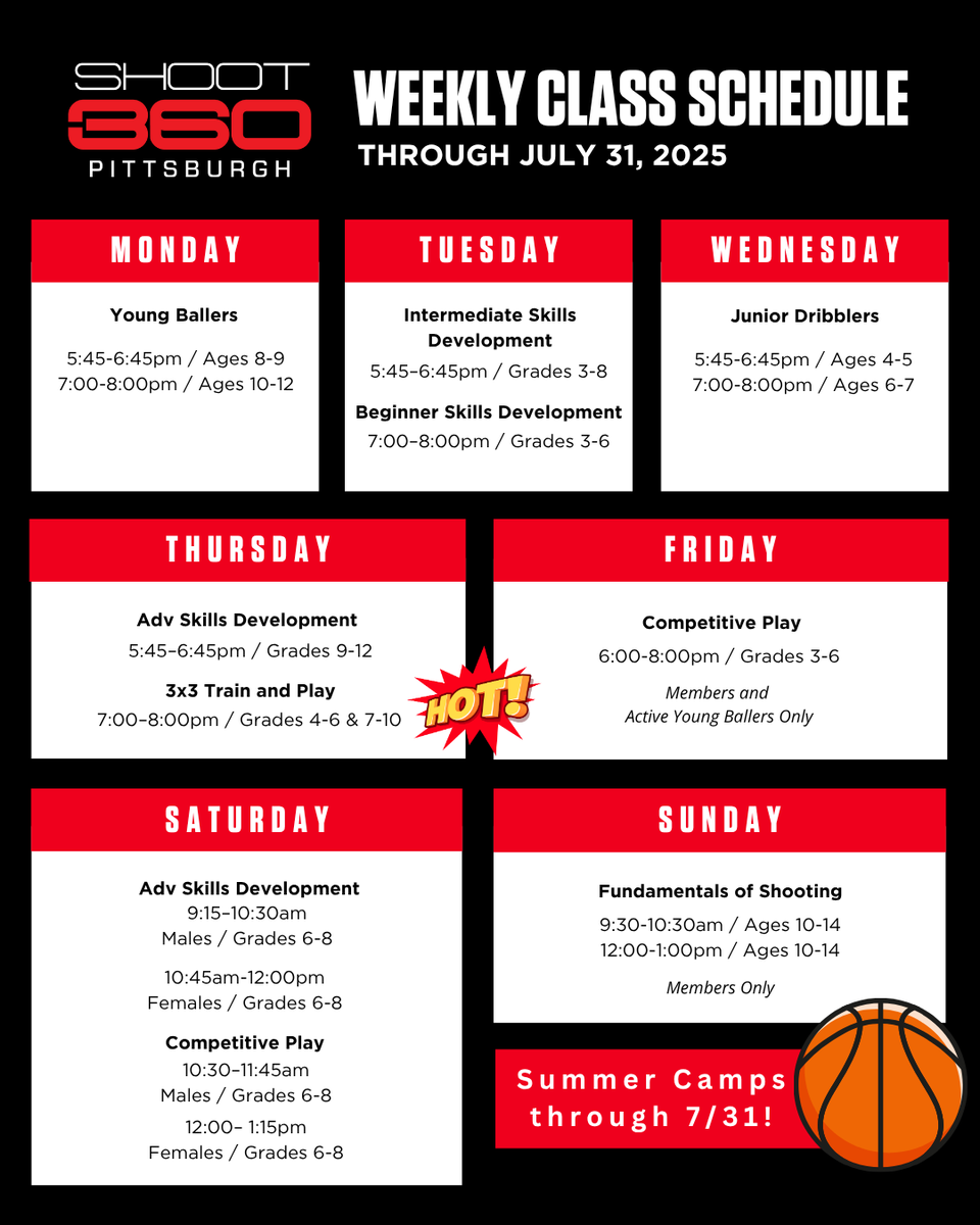 shoot360pgh's tweet image. 🔥 Keep the momentum going this month!
- Camps are running all month—don’t miss out!
- Skills development for all ages and skill levels
- 3x3 Train and Play—a can’t-miss experience
- Members: Fundamentals of Shooting every Sunday
Secure your spot @ shoot360pittsburgh.com