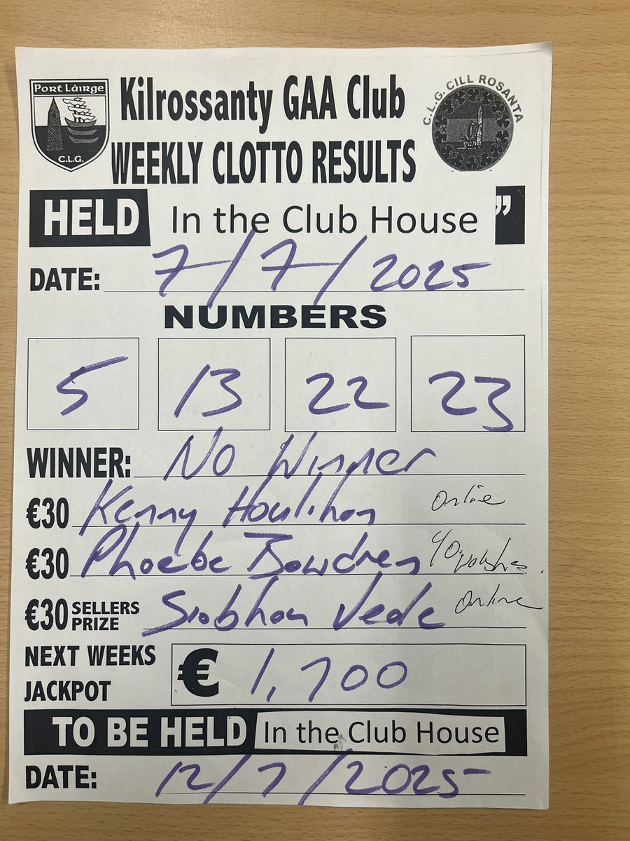 Lotto results sponsored by Kill Agri Kilrossanty.