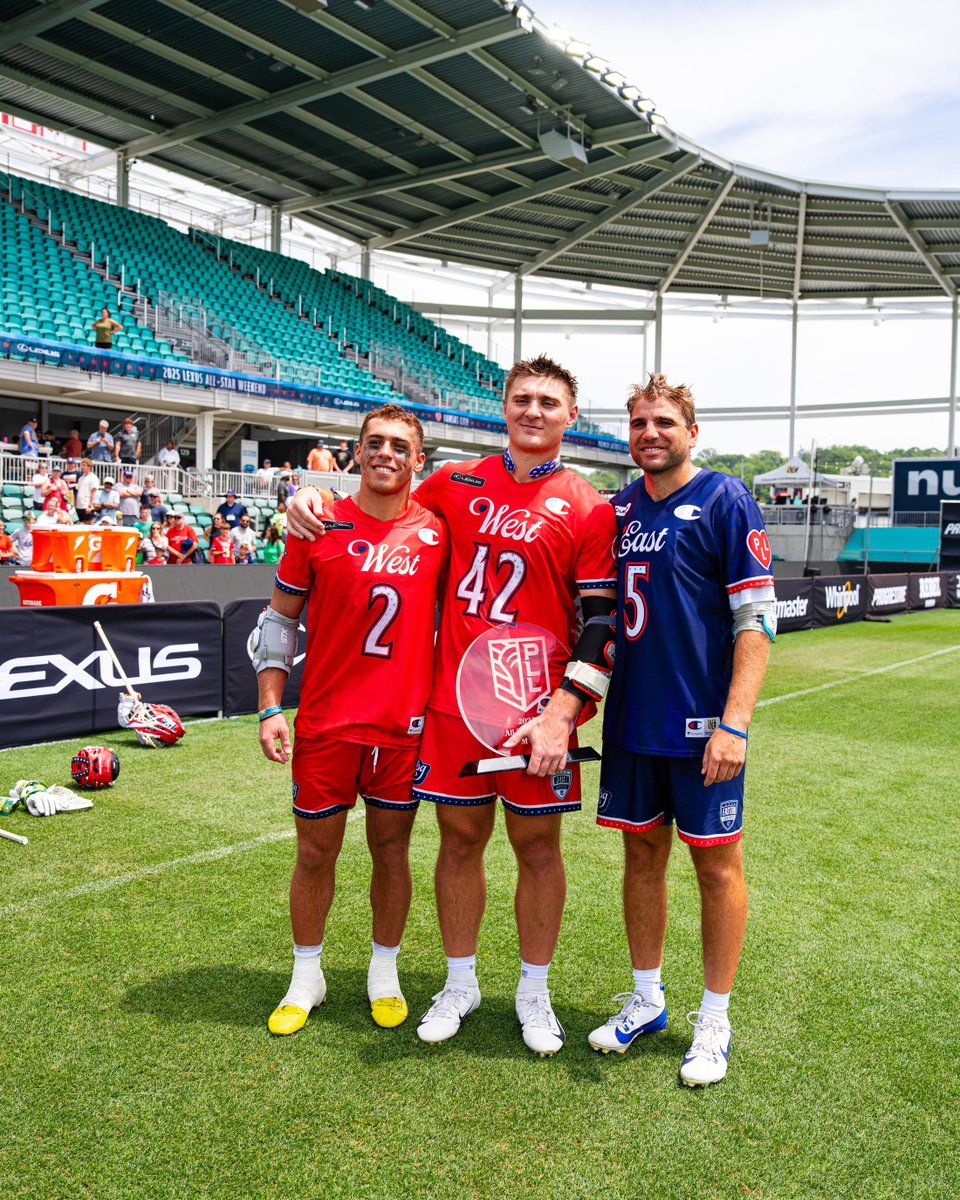 DukeMLAX's tweet image. 4 Blue Devil @PremierLacrosse All-Stars & 1 MVP 😈
Brennan O'Neill had seven points to win the MVP trophy and the game for the West while Michael Sowers had two assists and Tyler Carpenter had an assist and six ground balls for the East.