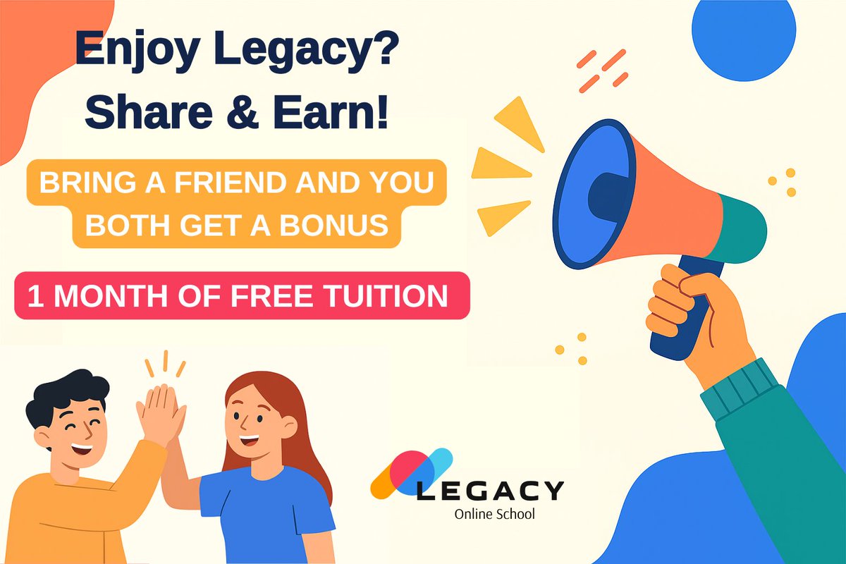 💙 Enjoy Legacy? Share &amp; Earn!
Invite a friend to join Legacy Online School. When they enroll &amp; pay the $199 fee, you both get 1 month FREE! 🎁
No limits — just rewards.
📩 Contact us for your referral link. lss@legacyonlineschool.com
#LegacyOnlineSchool #ReferralProgram