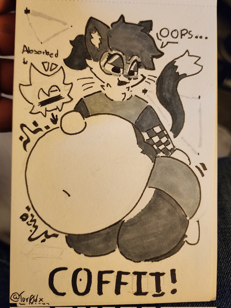 "Oops... I hugged him a bit too hard before he left the con... At least I got this cute drawing as a memento... and some extra heft..." -Coffii