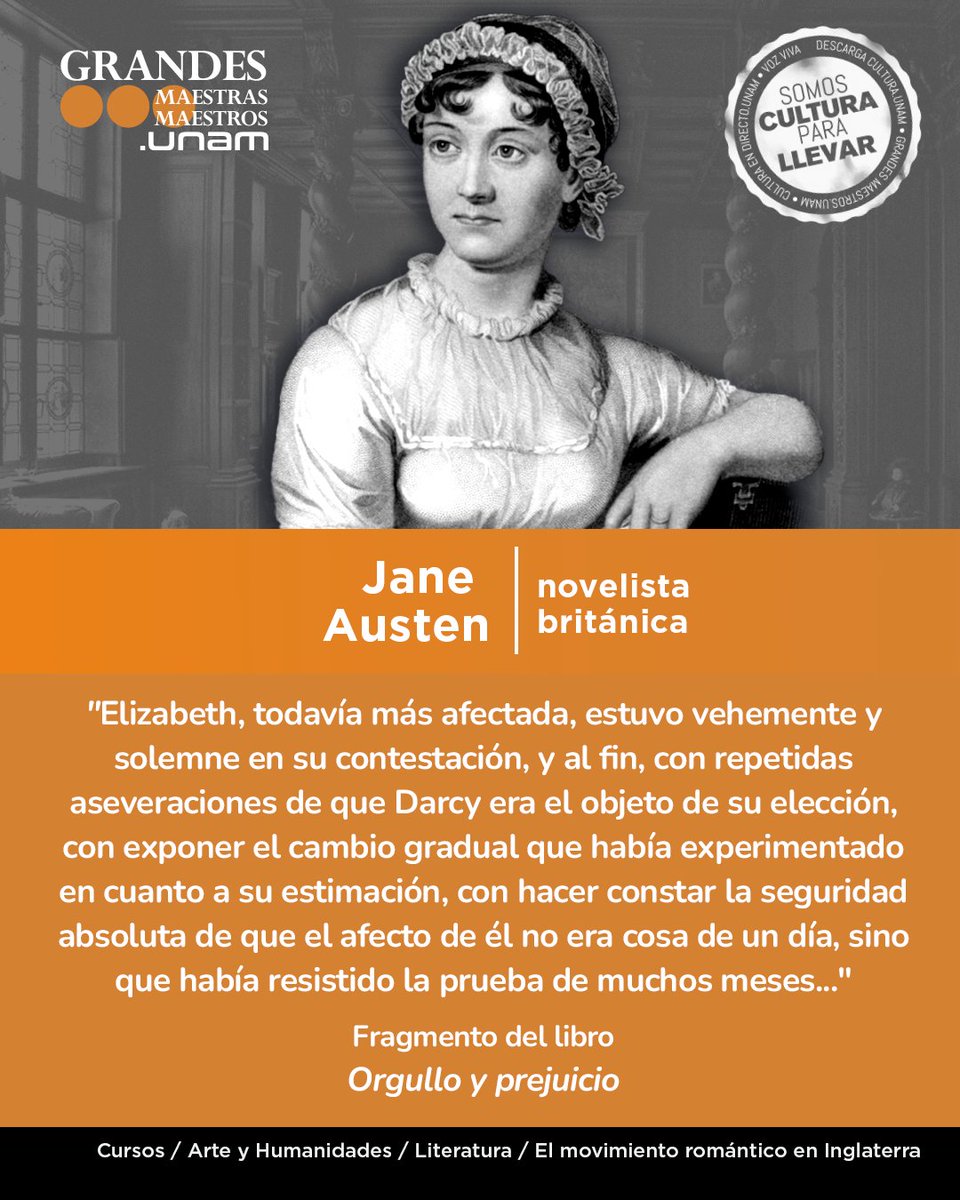 ✨Hoy recordamos a #JaneAusten, quien falleció #UnDíComoHoy de 1817. Su mirada crítica y aguda sobre la sociedad inglesa dejó un precedente único. Descubre más sobre el movimiento romántico en Inglaterra en #GrandesMaestrosUNAM💂‍♂️
bit.ly/2VRLNI4
#SomosCulturaParaLlevar