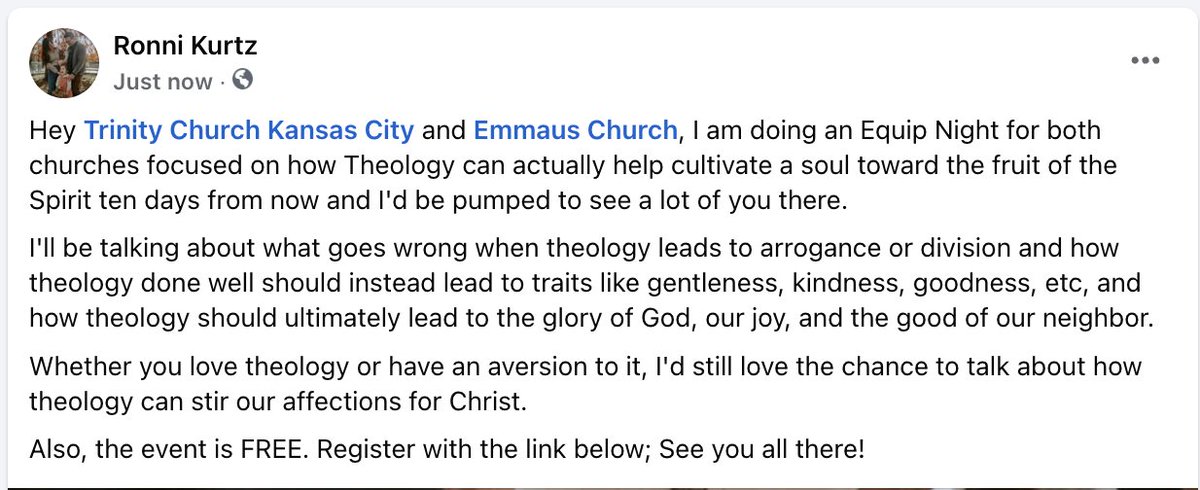 RonniKurtz's tweet image. Friends in the KC area, I'm doing an Equip Night for both Trinity Church KC and Emmaus Church. See my FB post below for more info and register here:
emmauskc.churchcenter.com/calendar/event…