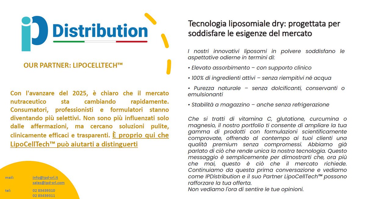 ipdistribution's tweet photo. #IPDistribution #distribuzione #foodsupplement #integratori #liposomi #tecnologialiposomialedry https://t.co/Orj8SNPT34