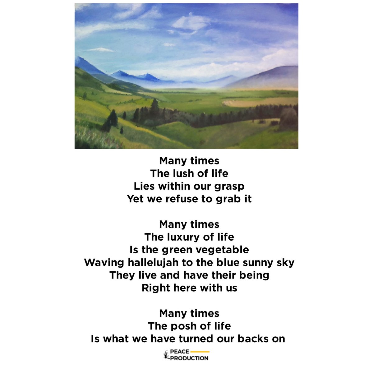 PeaceProductio3's tweet photo. Many times
The lush of life
Lies within our grasp
Yet we refuse to grab it
Painting by: Akintade Mayowa Benjamin
#poemsociety #poetrycommunity #peaceproduction #poetrylovers #poetry #PoemWritingChallenge #poem https://t.co/5np0MLvuyi
