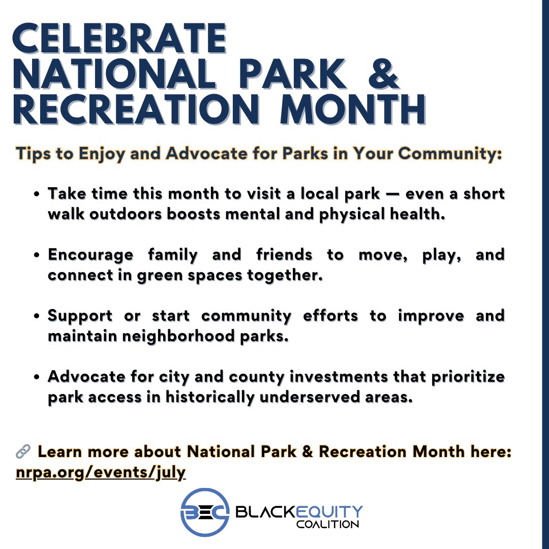 Black Equity Coalition (BEC) (@blackequitybec) on Twitter photo 🌳 July is National Park & Recreation Month — a moment to celebrate the power of parks and public spaces in strengthening our health, culture, and community.
Unfortunately, Black and underserved communities have long faced barriers to accessing safe, well-funded parks and 🌳 July is National Park & Recreation Month — a moment to celebrate the power of parks and public spaces in strengthening our health, culture, and community.
Unfortunately, Black and underserved communities have long faced barriers to accessing safe, well-funded parks and
