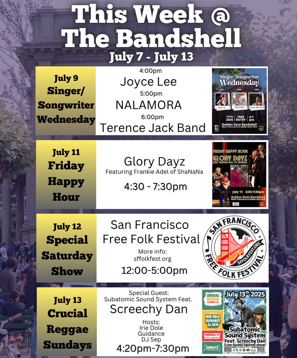 Heat up your summer with free live shows all week at the Bandshell in Golden Gate Park! All shows are free, all ages, and all are welcome! 

Get more details at illuminate.org/events
@recparksf